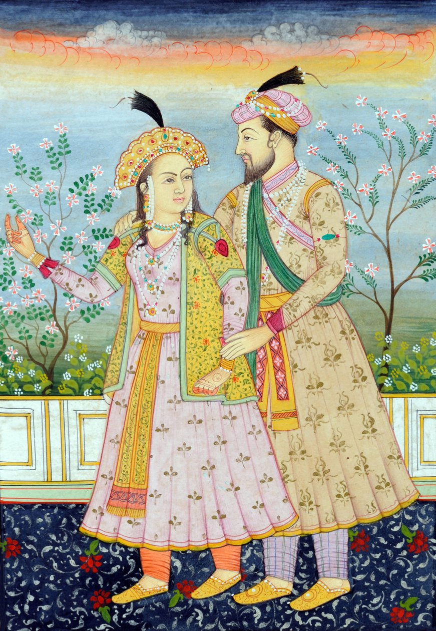 Miniaturemaleri af mogulkejseren Shah Jahan med hustruen Mumtaz Mahal af School Indian