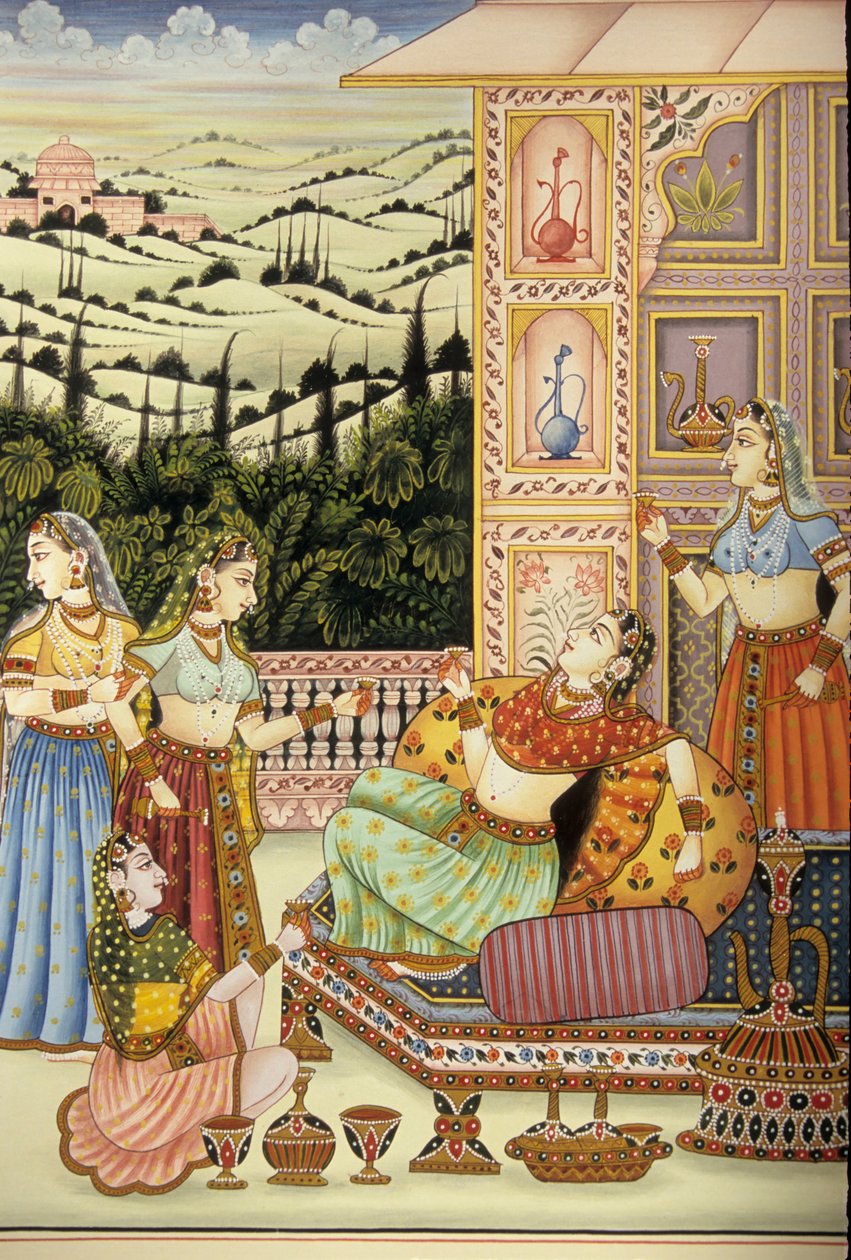 Miniaturemaleri af mogul-dame, der nyder en drink, Indien af School Indian