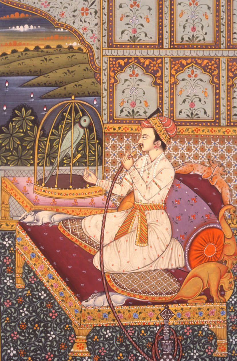 Miniaturemaleri af mogulprins, der nyder hooka, Indien af School Indian