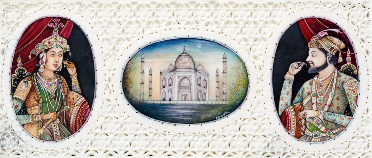 Miniaturemaleri af mogul-kejser Shah Jahan med hustruen Mumtaj Mahal af School Indian