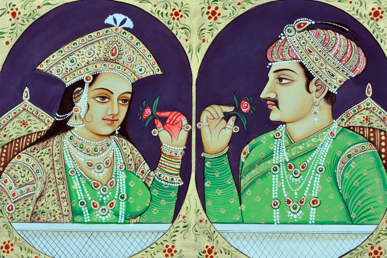 Miniaturemaleri af dronning Noorjahan med Jahangir Indien Asien af School Indian