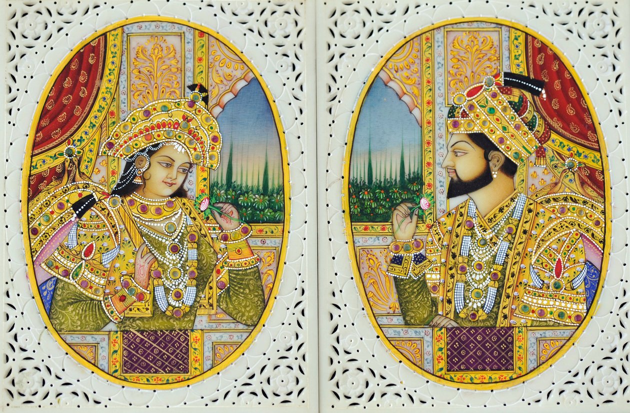 Miniaturemaleri af Shah Jahan med hustruen Mumtaj Mahal Indien Asien af School Indian