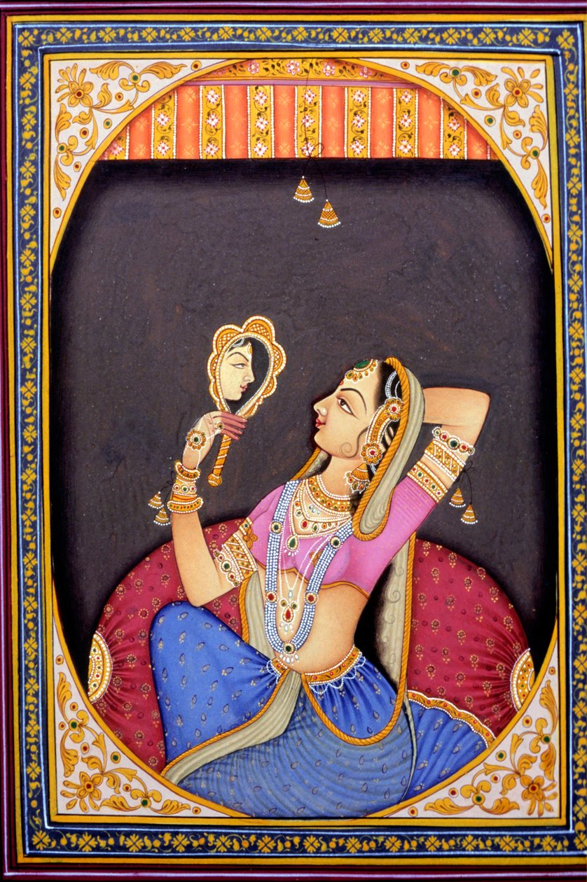 Miniaturemaleri af kvinde, der ser sig i spejlet af School Indian