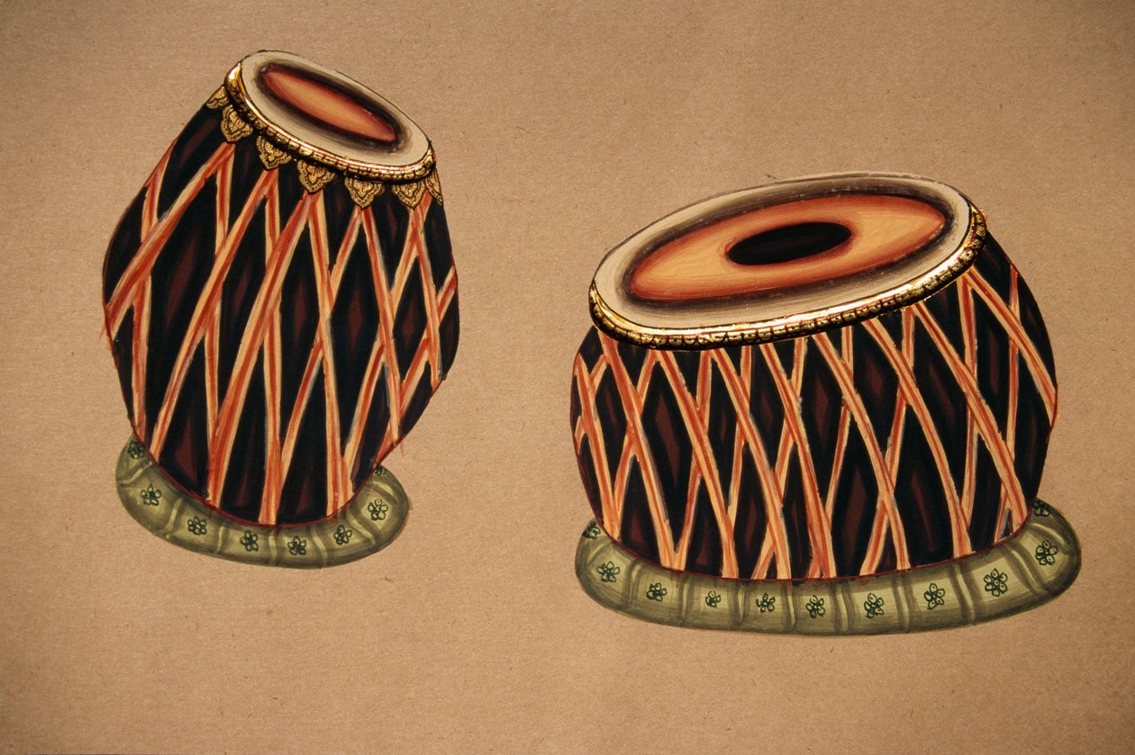 Miniaturemaleri på papir, indisk klassisk musikinstrument tabla af School Indian
