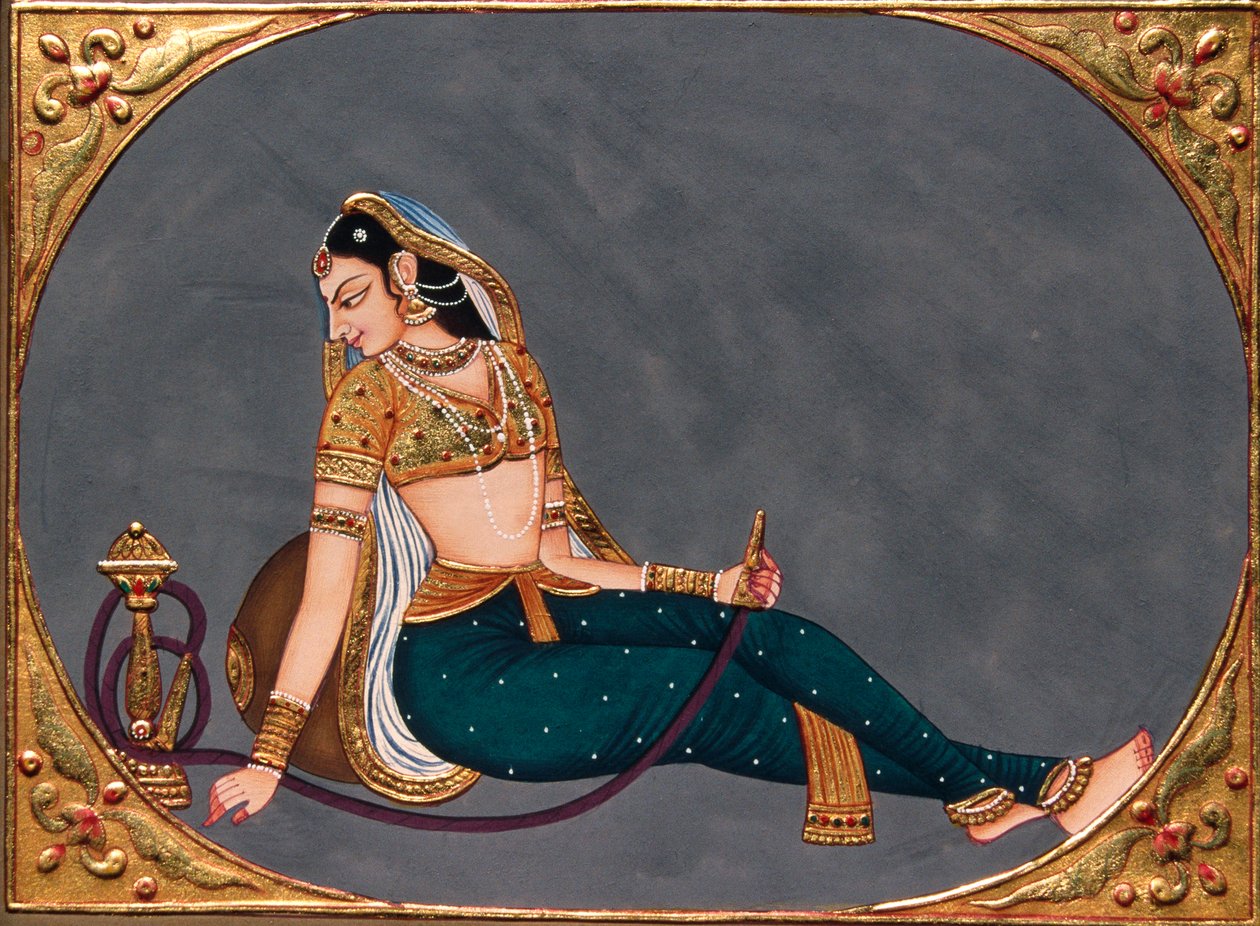 Miniaturemaleri på papir Dame nyder vandpibe af School Indian