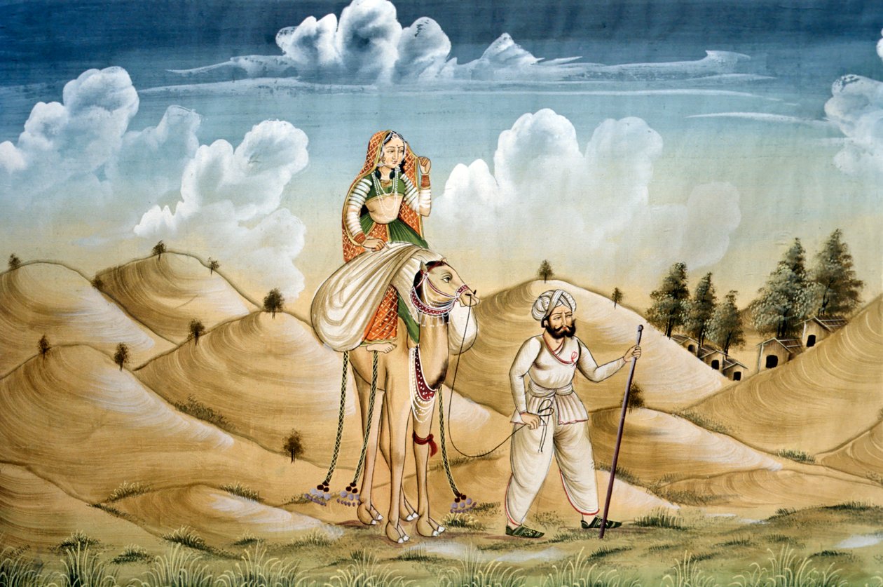 Miniaturemaleri på silke, Lonely Travellers, Rajasthan af School Indian