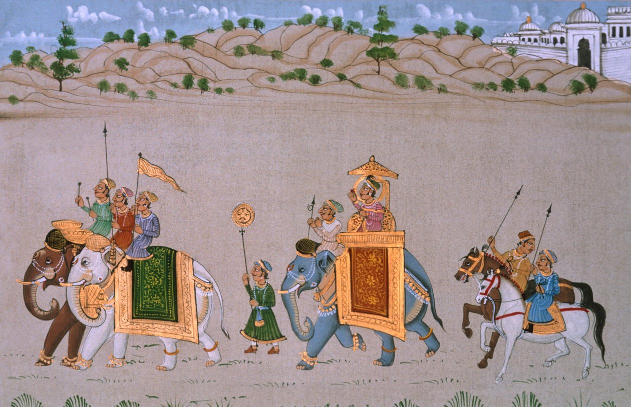 Miniaturemaleri på silke, kongelig procession af School Indian