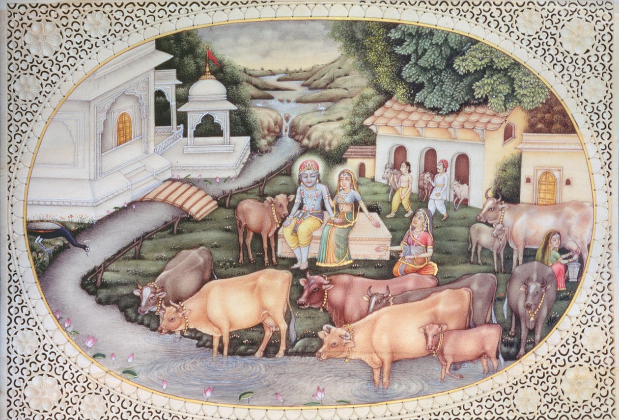 Miniature af Krishna, en malkepige, der sidder på en mark med kvæg (akvarel på elfenben) af School Indian