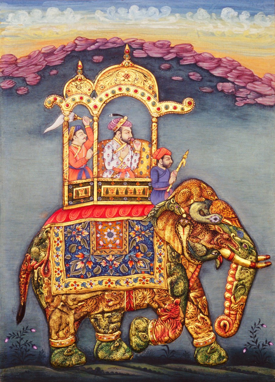 Mogulkongen Shah Jahan rider på elefant af School Indian