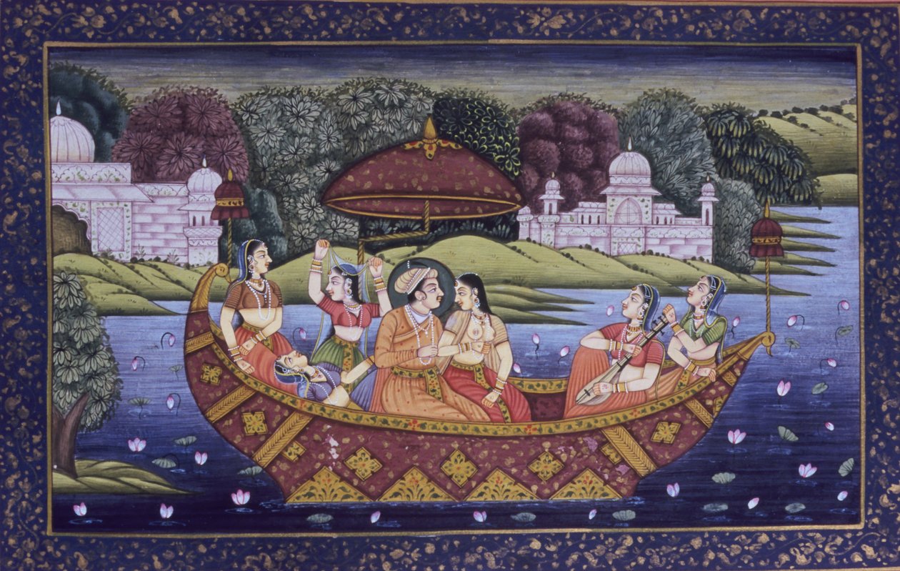 Mughal-miniaturemaleri på papir, kongelig kærlighedsscene og musiknydelse i båd af School Indian