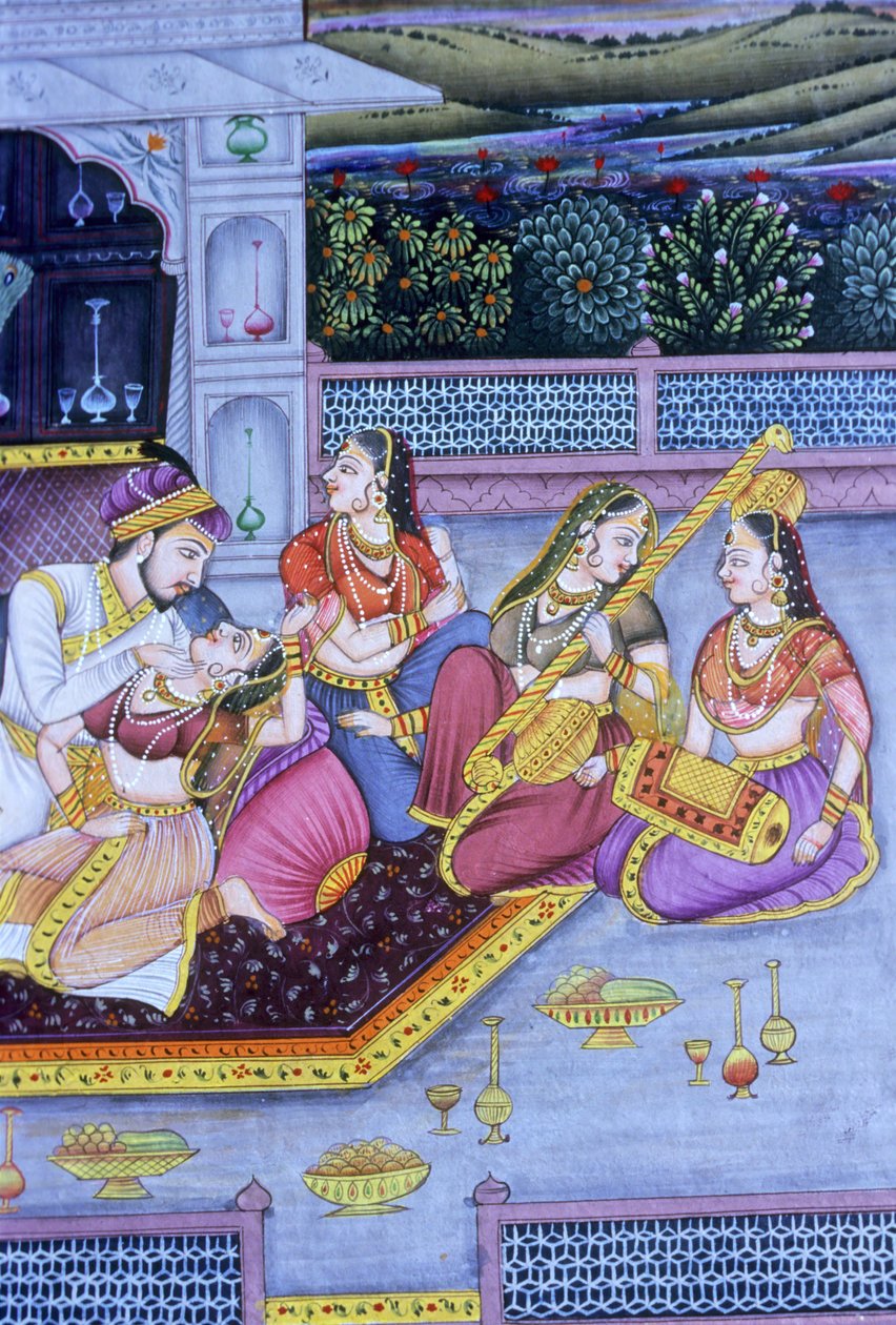 Mughal-miniaturemaleri på papir, kærlighedsscene af School Indian