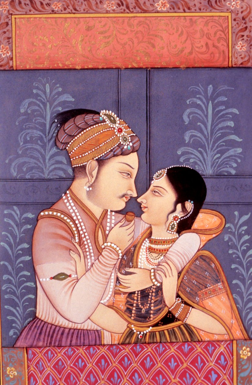 Mughal-miniaturemaleri på papir af kærlighedsscene (miniautre) af School Indian