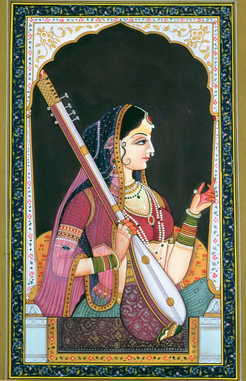 Musician Lady (gouache og akvarel på papir) af School Indian