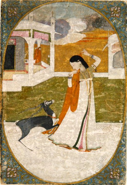 Nayika med hjorte, Punjab Hills (uigennemsigtig akvarel på papir) af School Indian
