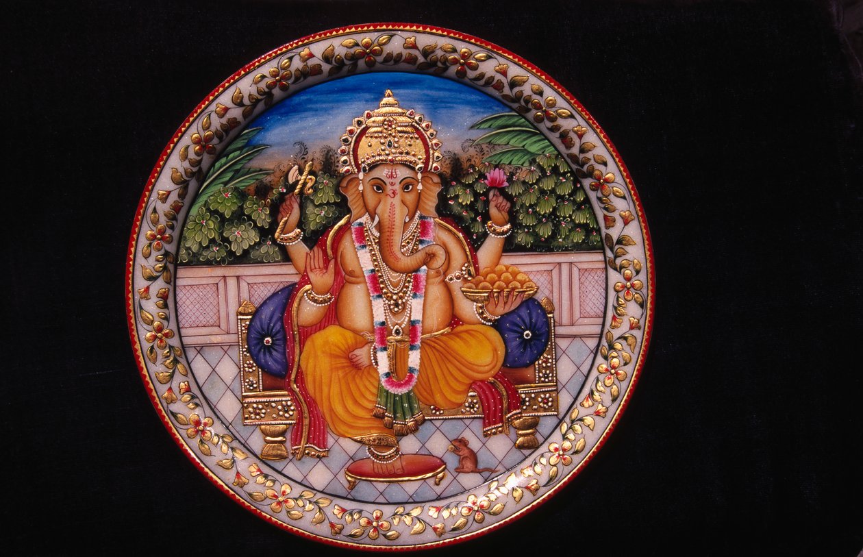 Maleri af Ganesh Ganpati Gud på marmorplade af School Indian