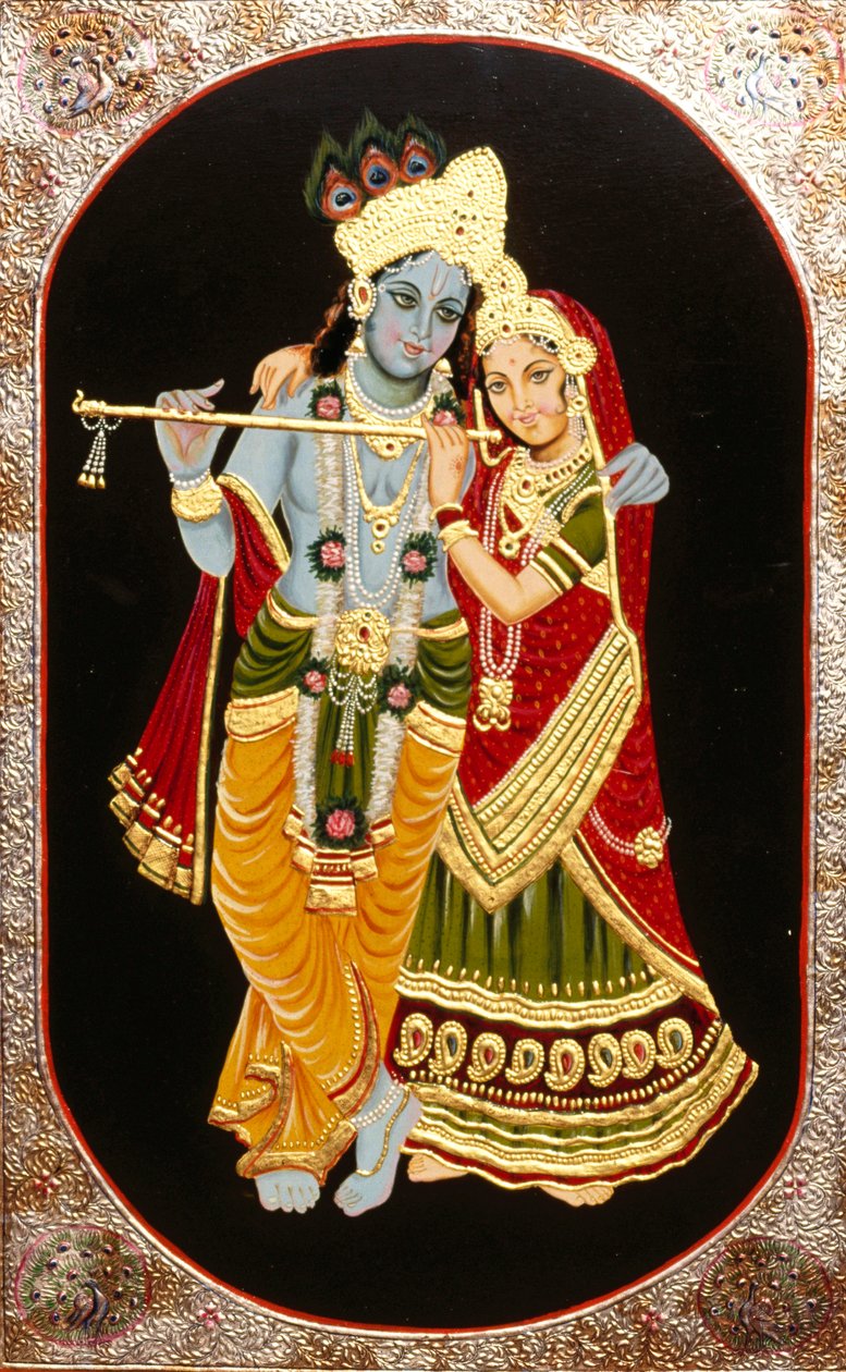 Maleri af Gud Krishna og hendes største hengivne Radha, Indien af School Indian