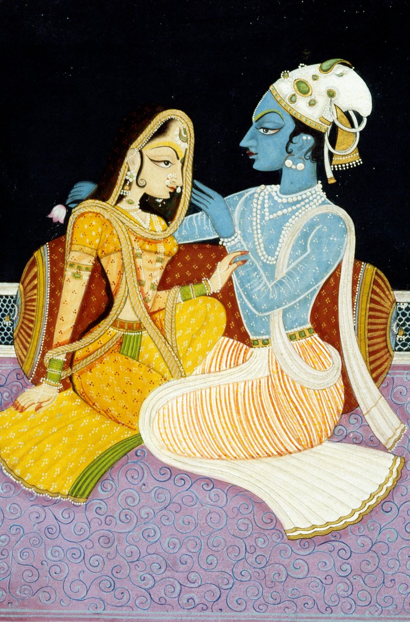 Maleri af Gud Krishna og hendes største hengivne Radha, Indien af School Indian