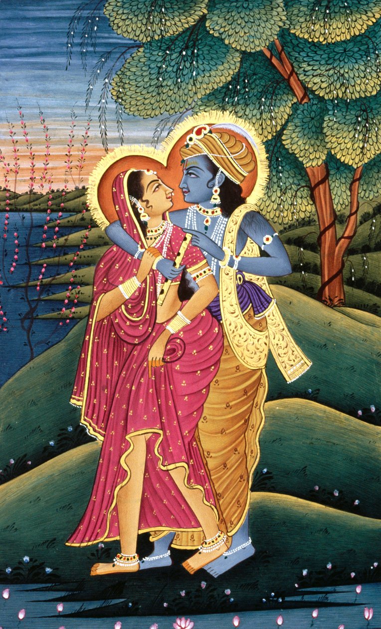 Maleri af Gud Krishna og hendes største hengivne Radha, Indien af School Indian