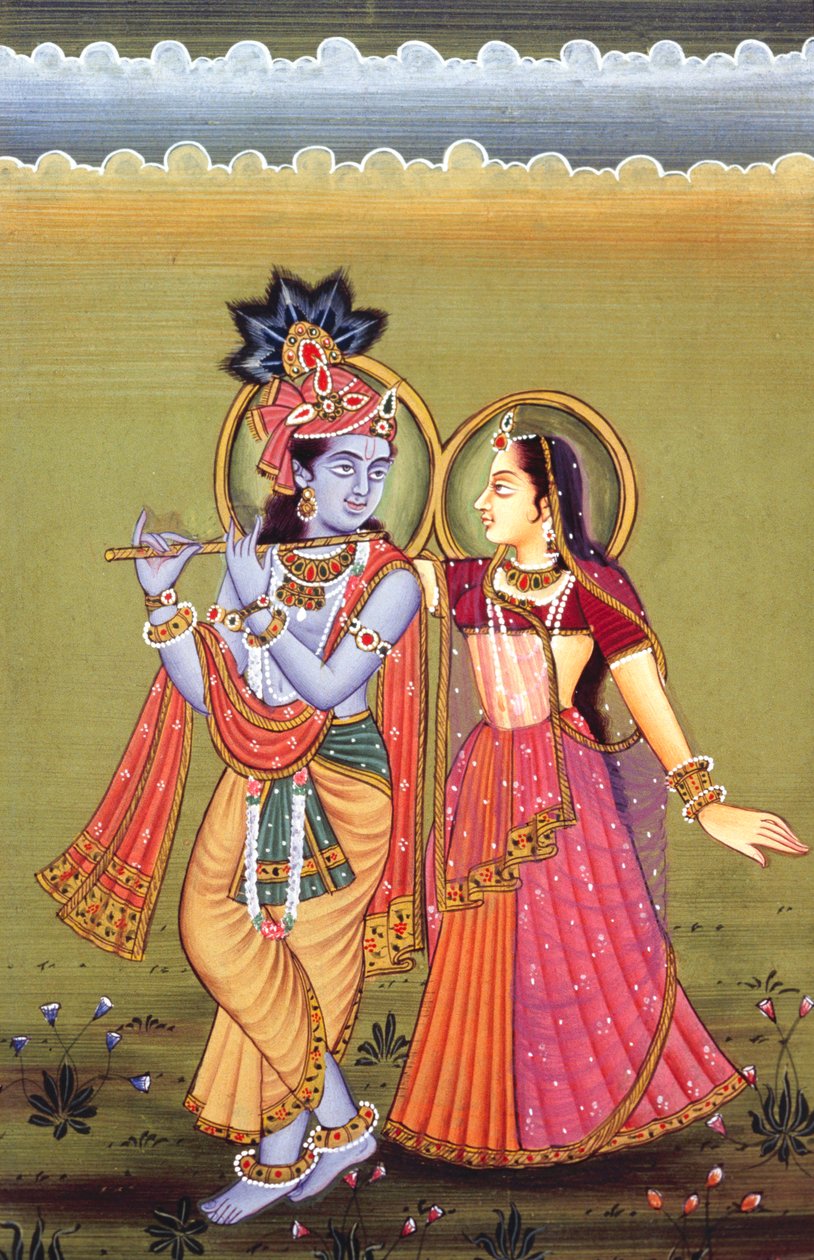 Maleri af Gud Krishna og hendes største hengivne Radha, Indien af School Indian