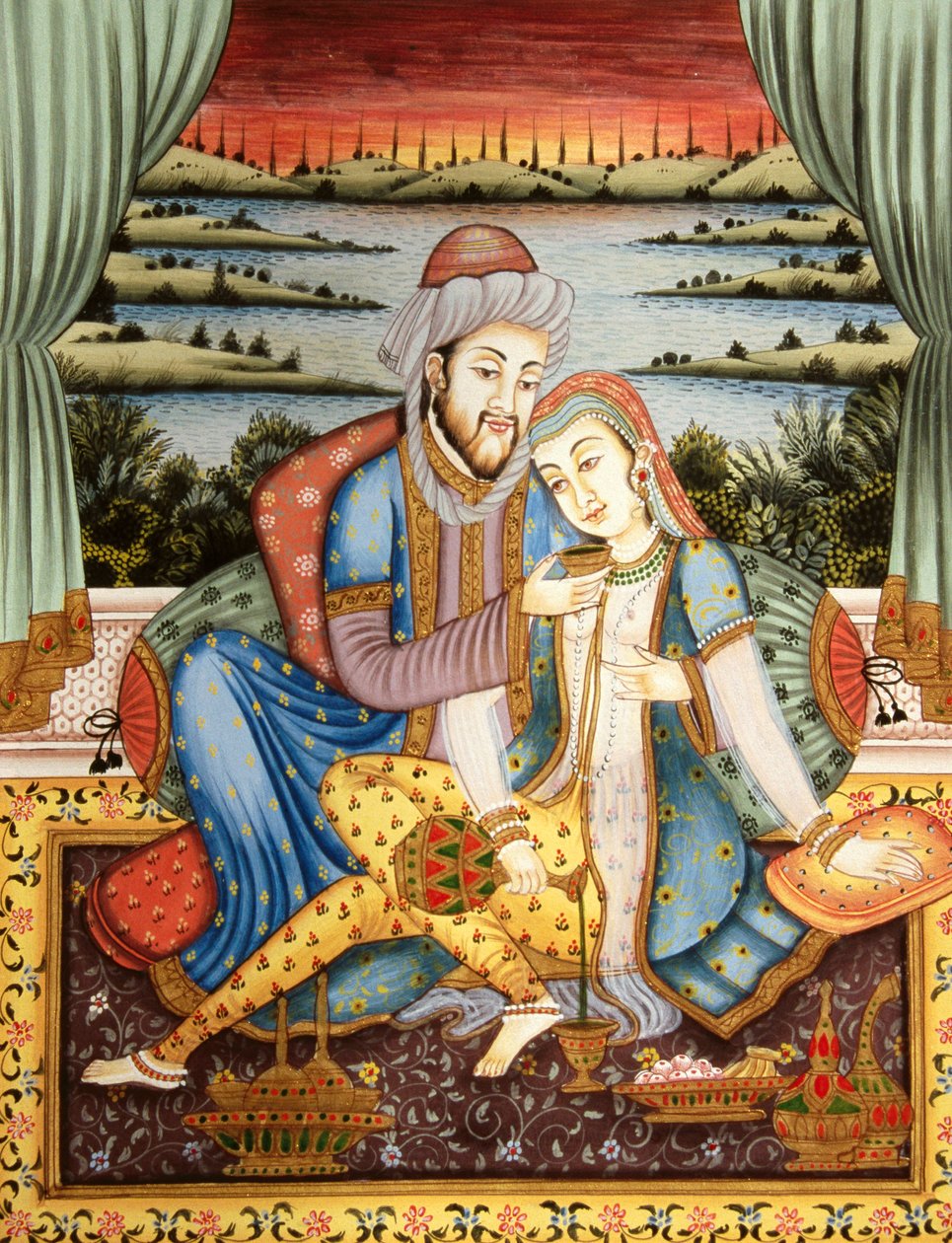 Maleri af Mughal-kejser med sin kone i kærlighedsscene, Indien af School Indian