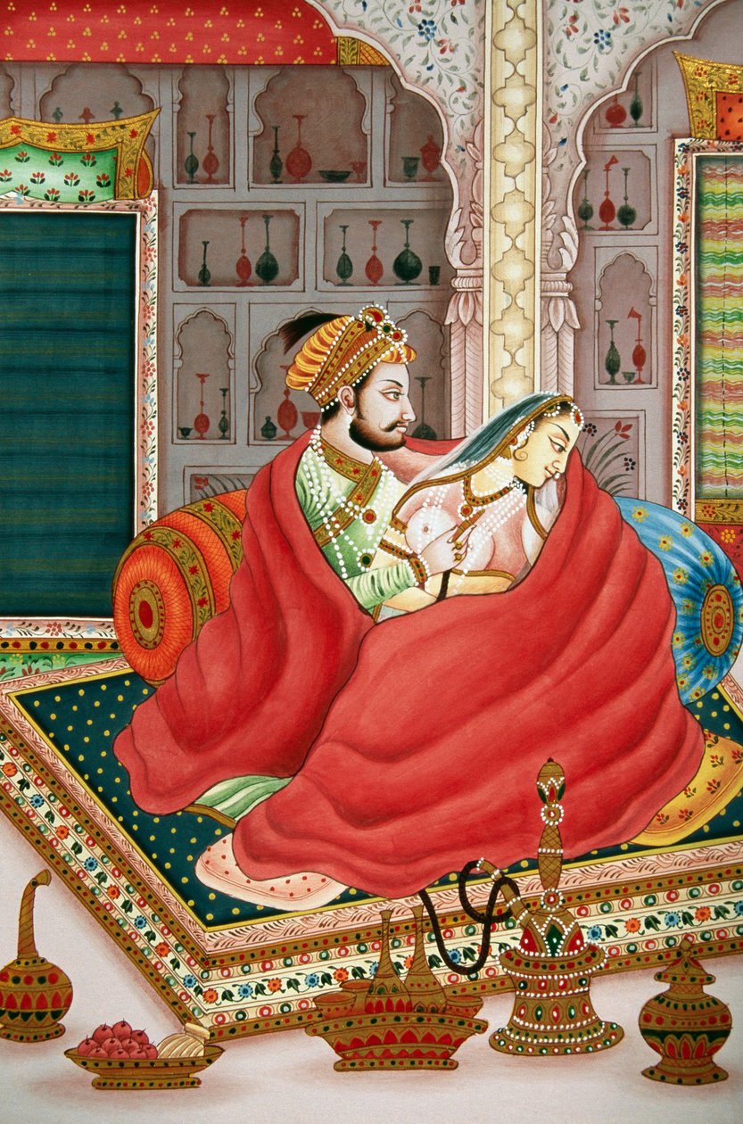 Maleri af mogulkejser med sin kone i kærlighedsscene, Indien af School Indian