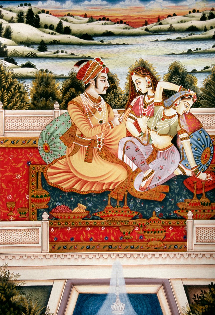 Maleri af Mughal-kejser med sine koner i kærlighedsscene, Indien af School Indian