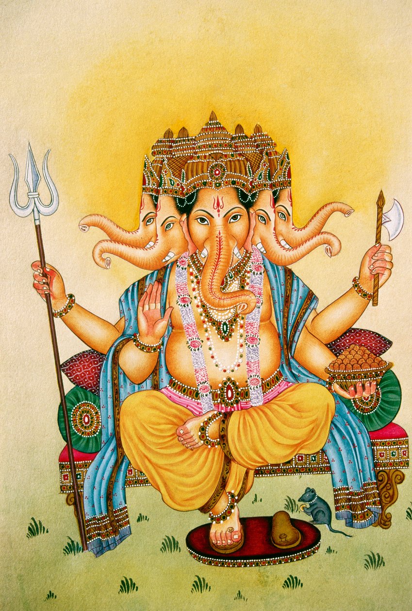 Panchmukhi Lord Ganesh Ganpati Miniaturemaleri på papir af School Indian