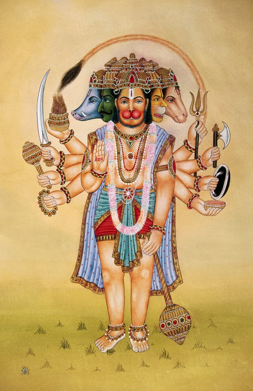 Panchmukhi Lord Hanuman Miniaturemaleri på papir af School Indian