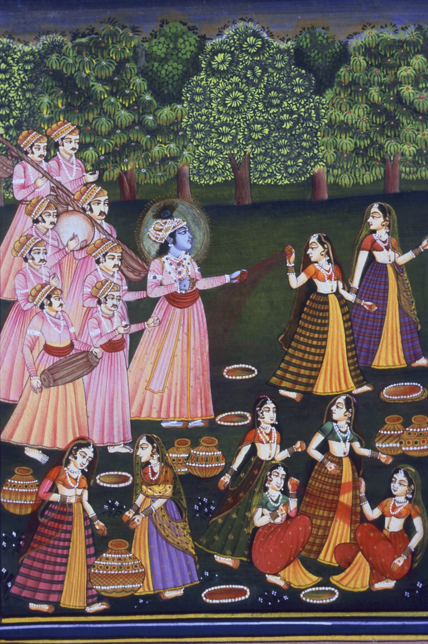 Billede af Krishna, der spiller Holi med Gopies (Nalkdwral Pichwai Chool), Indien af School Indian