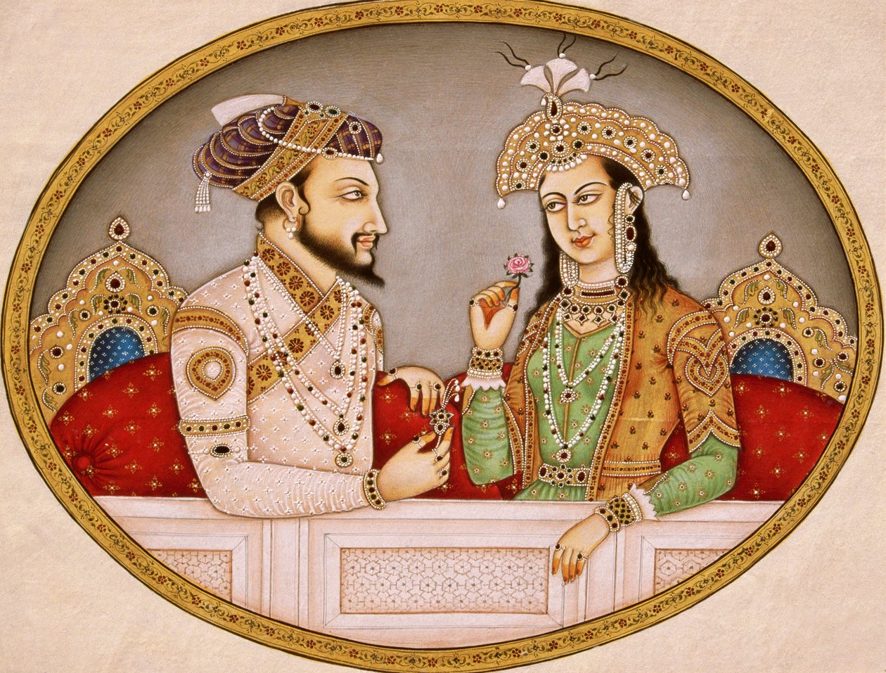 Portræt af mogulkejseren Shahjahan med dronning Mumtaz Mahal, Indien af School Indian