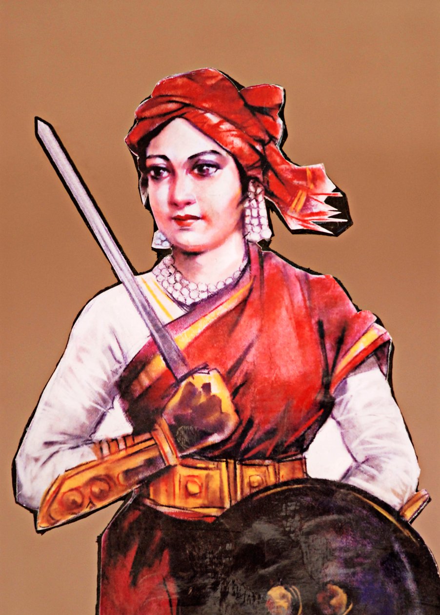 Portræt af Rani Laxmibai, dronning af Jhansi, stor frihedskæmper i Indiens første uafhængighedskrig, det indiske mytteri 1857-58 (farvelitografi) af School Indian