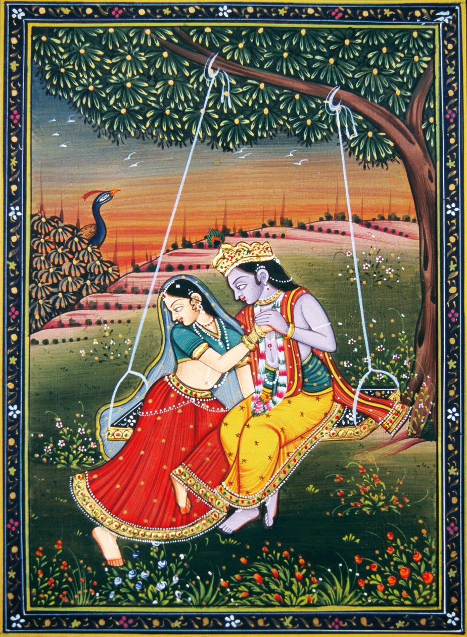 Radha Krishna nyder Jhoola Miniaturemaleri på papir af School Indian