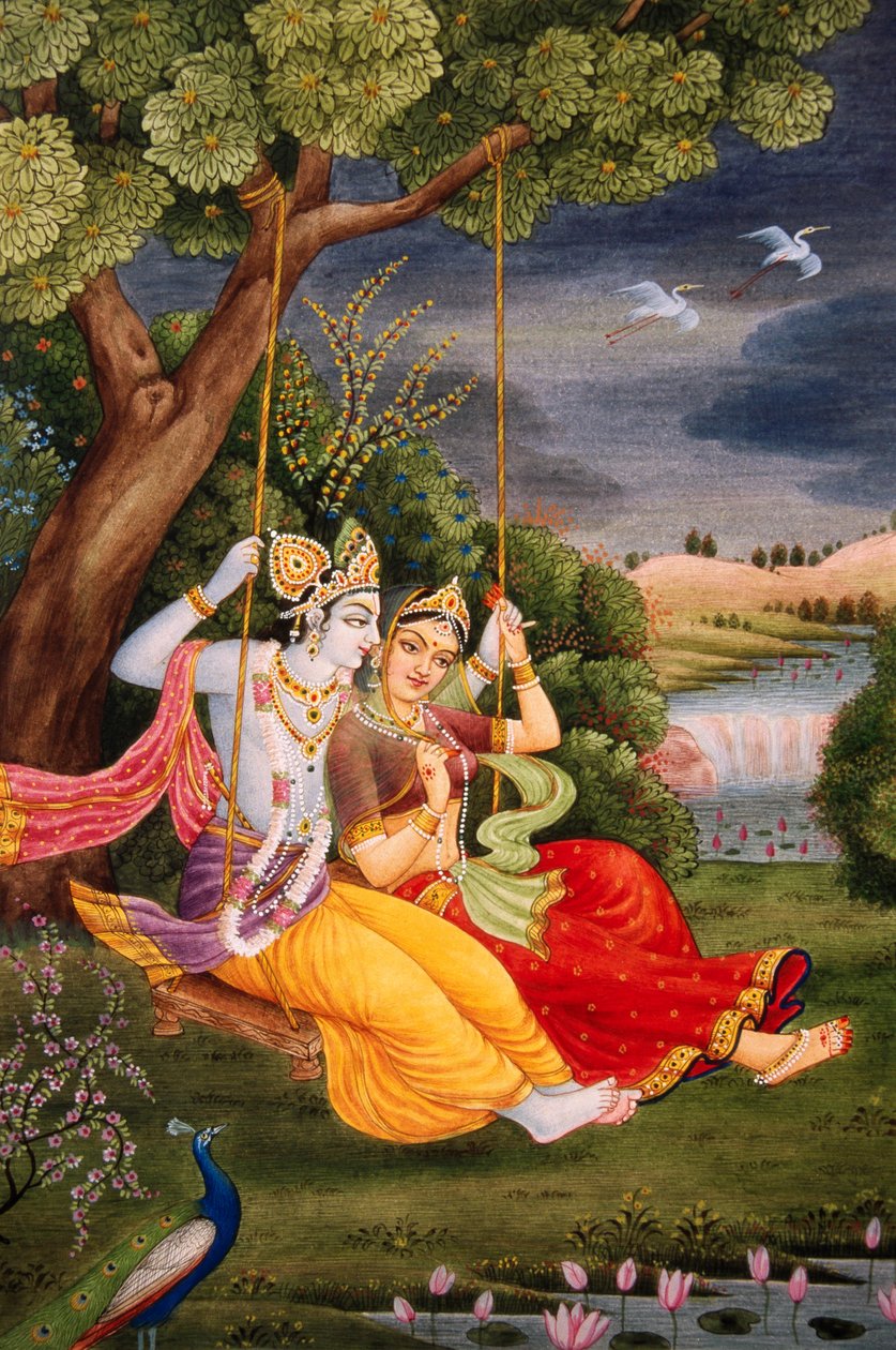 Radha Krishna nyder Jhoola Miniaturemaleri på papir af School Indian