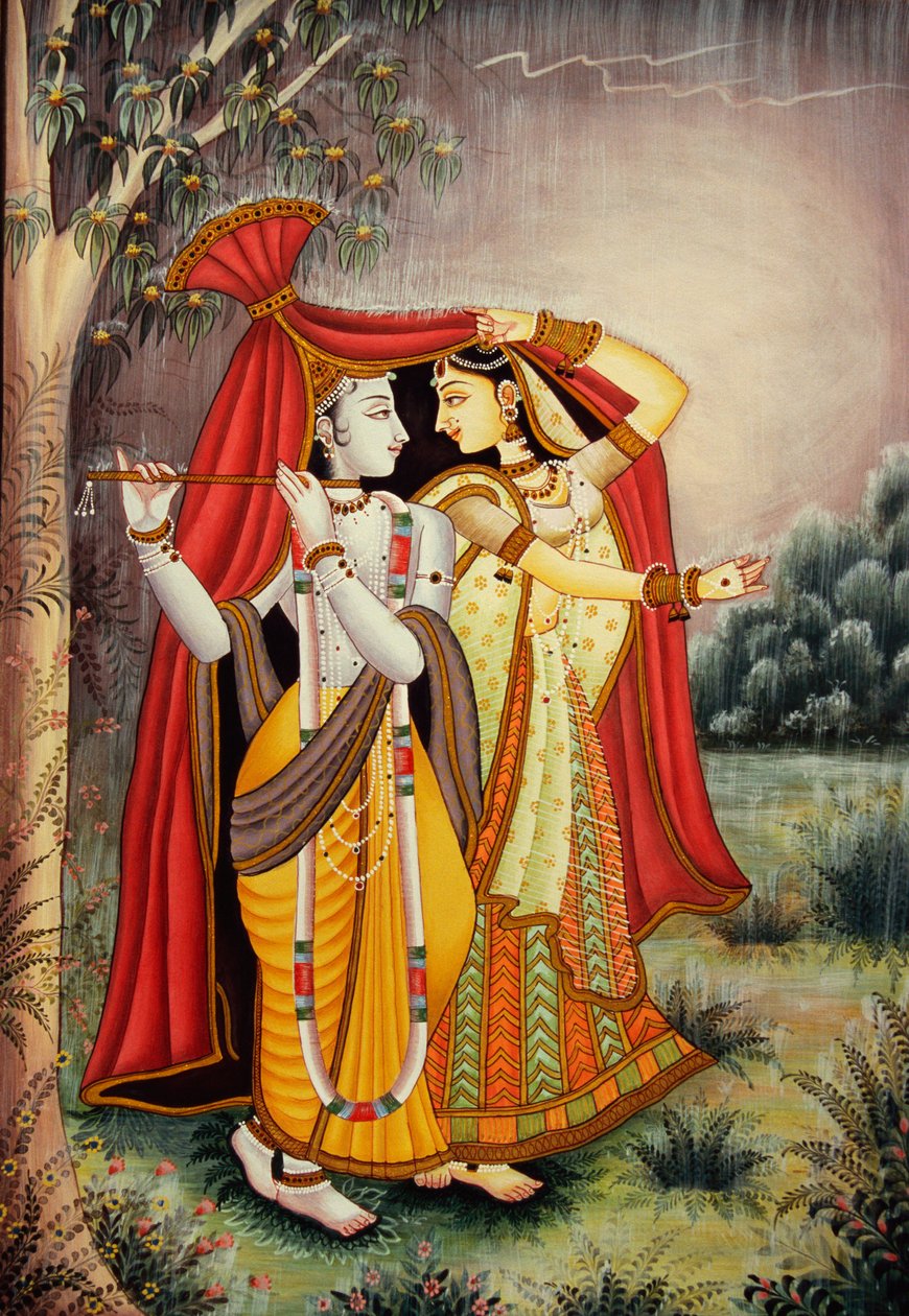 Radha Krishna-miniaturemaleri i monsun på papir af School Indian