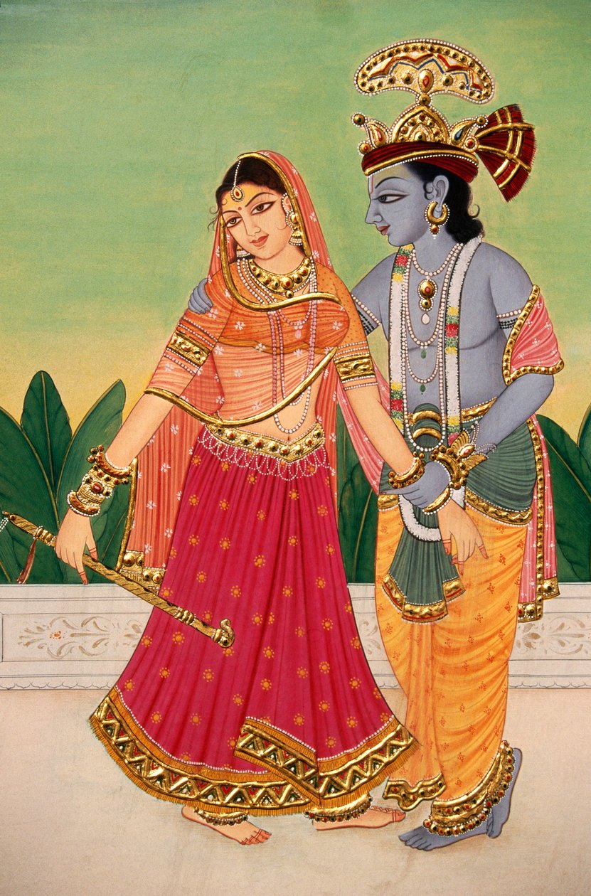 Radha Krishna miniaturemaleri på papir af School Indian