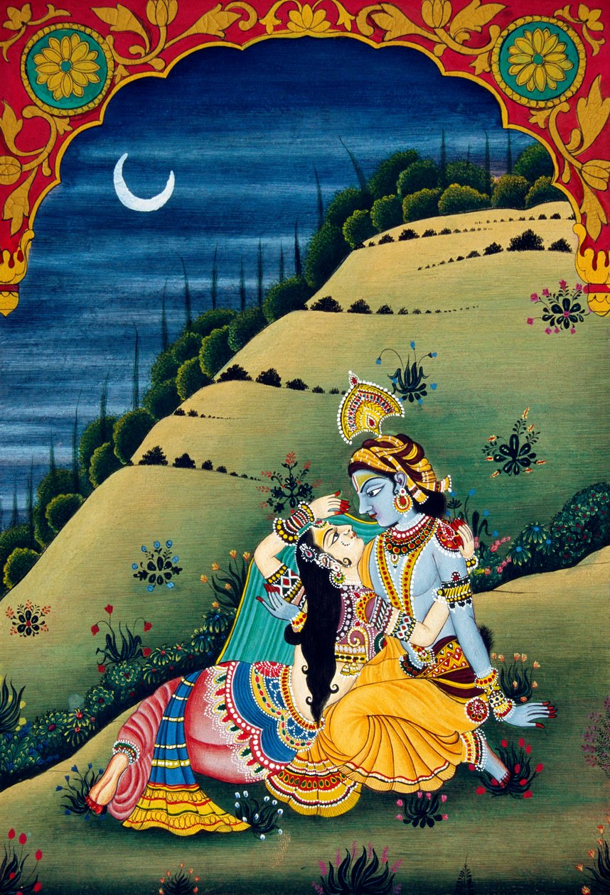 Radha Krishna Miniaturemaleri på papir af School Indian