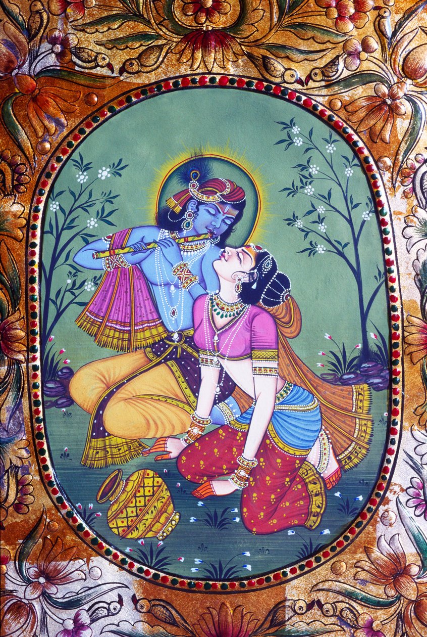 Radha Krishna Miniaturemaleri på papir af School Indian