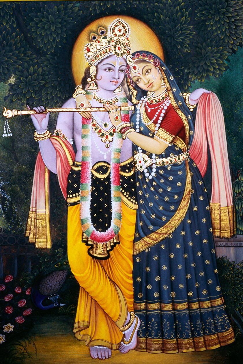 Radha Krishna Miniaturemaleri på papir af School Indian