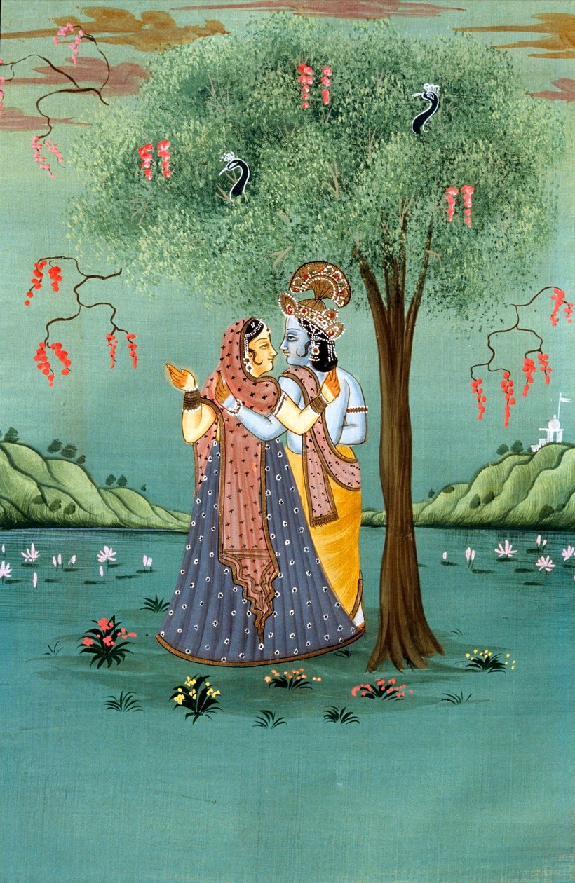 Radha Krishna Miniaturemaleri på papir af School Indian