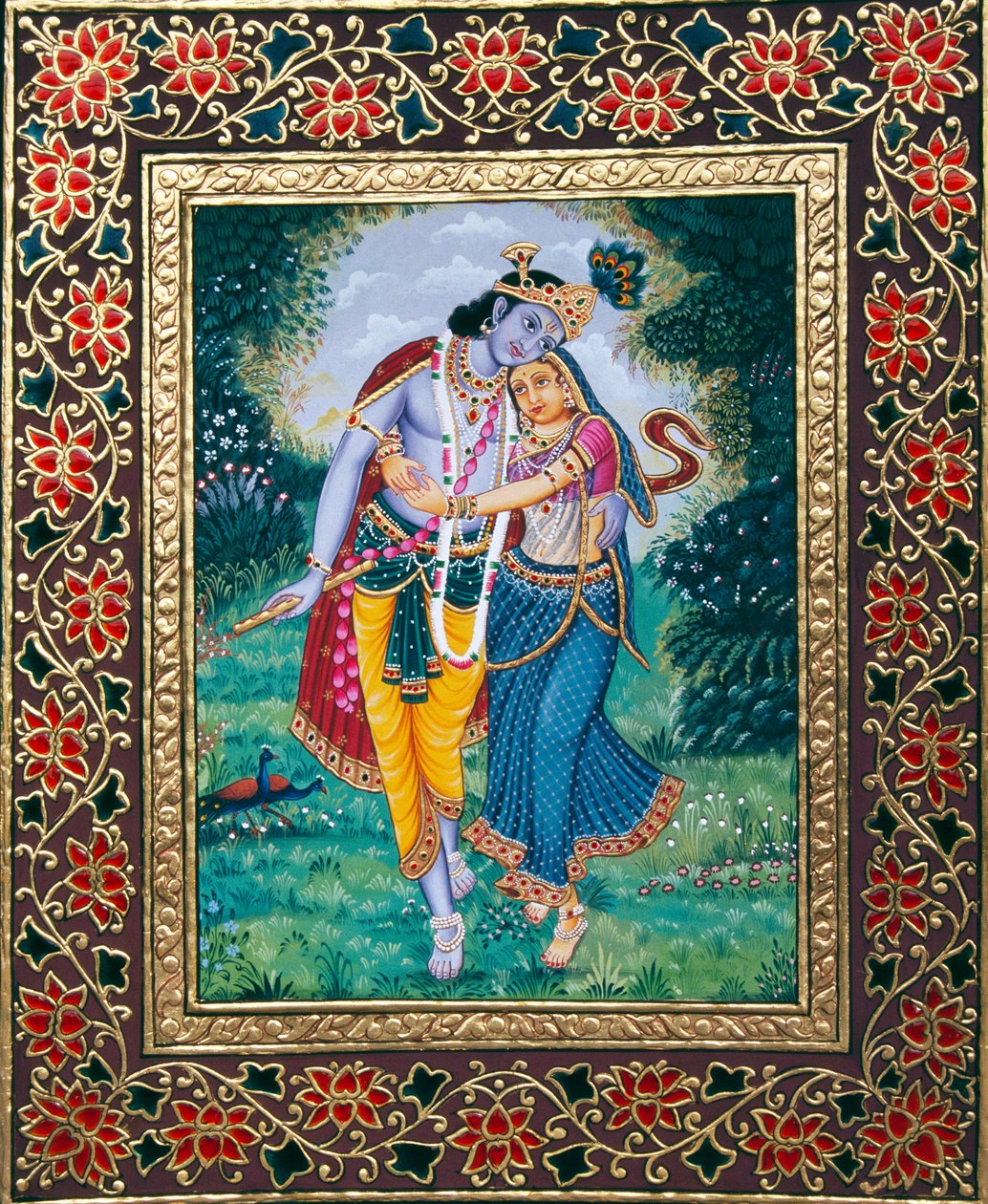 Radha Krishna Miniaturemaleri på papir af School Indian