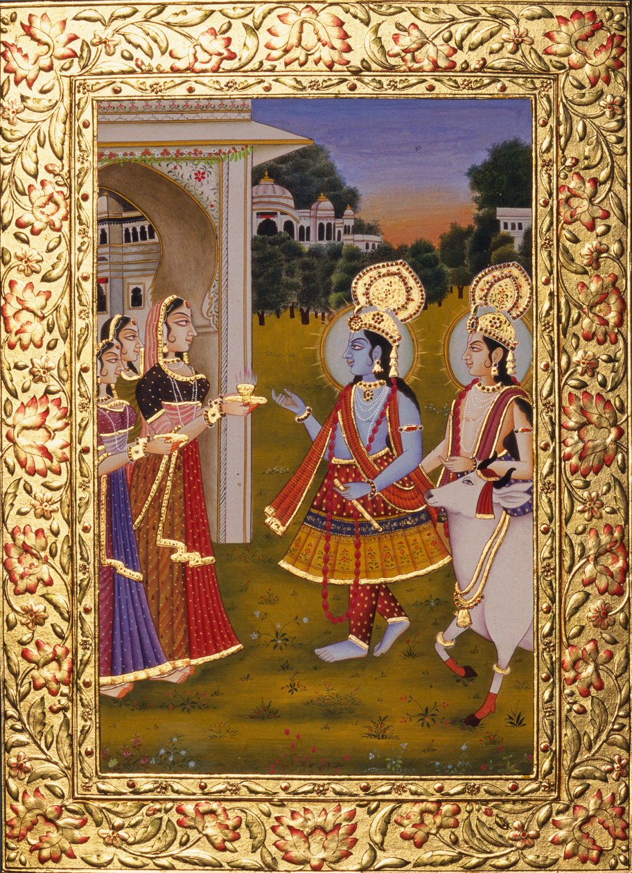 Radha Krishna Miniaturemaleri på papir med guldprægning af School Indian
