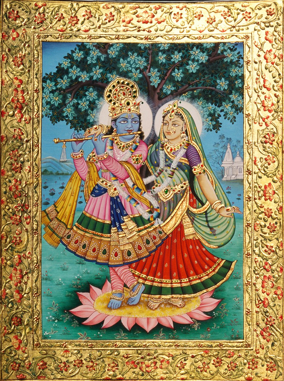 Radha Krishna Miniaturemaleri på papir med gylden prægning af School Indian