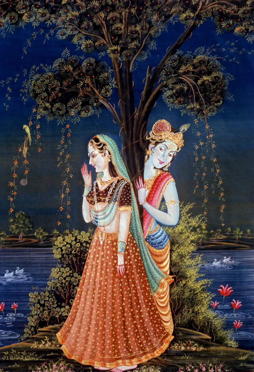 Radha Krishna-miniaturemalerier af School Indian