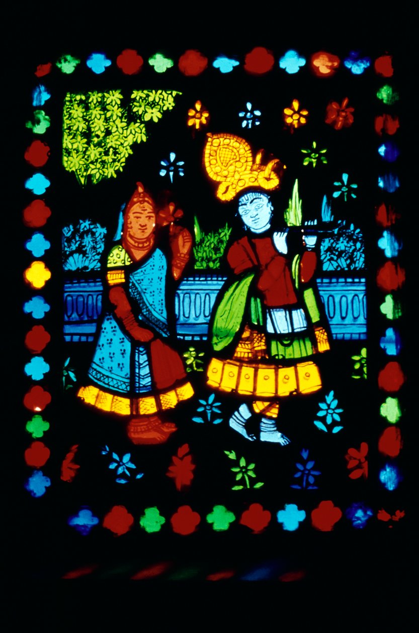 Radha Krishna på farvet glas af School Indian