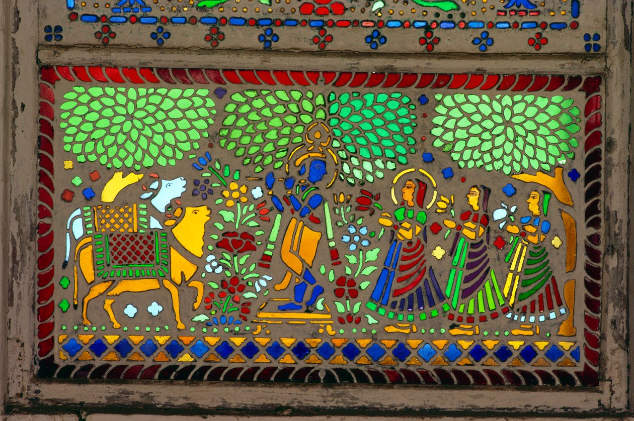 Radha Krishna med Sakhi på farvet glas af School Indian