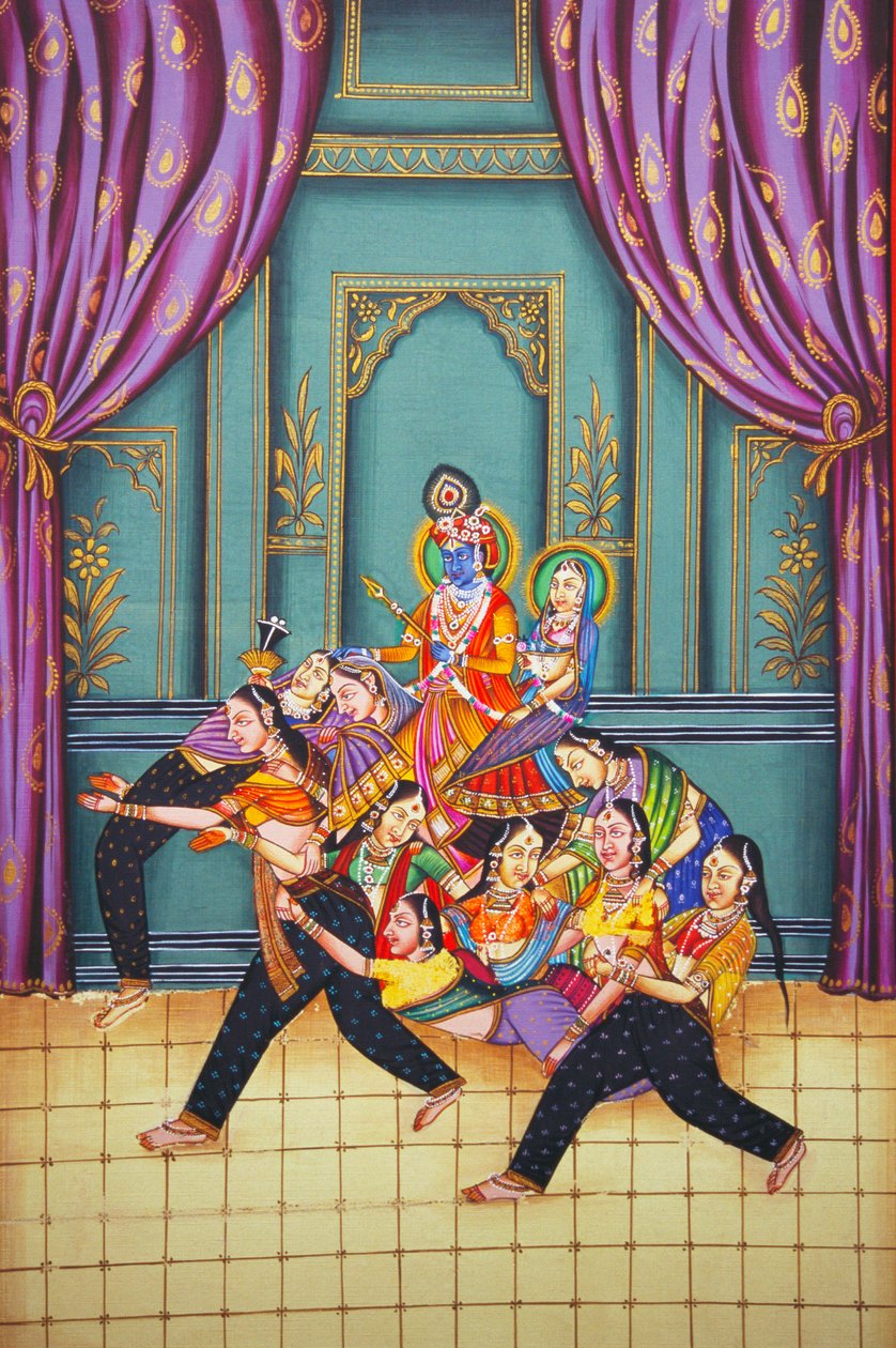 Radha Krishna med Sakhis Miniaturemaleri på papir af School Indian