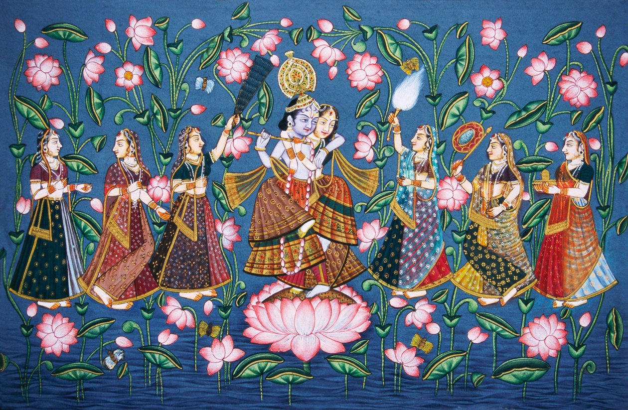 Radha Krishna med Sakhis Miniaturemaleri på papir af School Indian