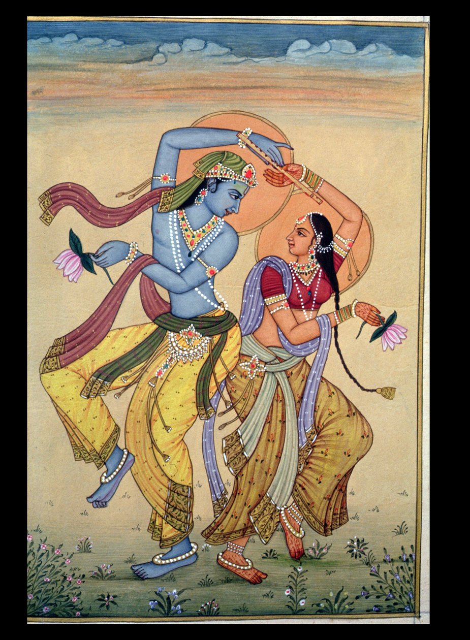 Radha og Krishna (gouache og akvarel på papir) af School Indian