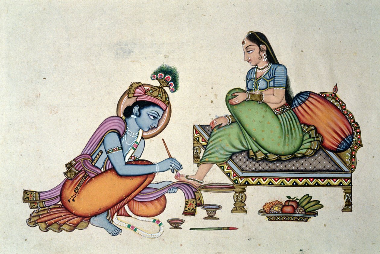 Radha og Krishna (gouache og akvarel på papir) af School Indian