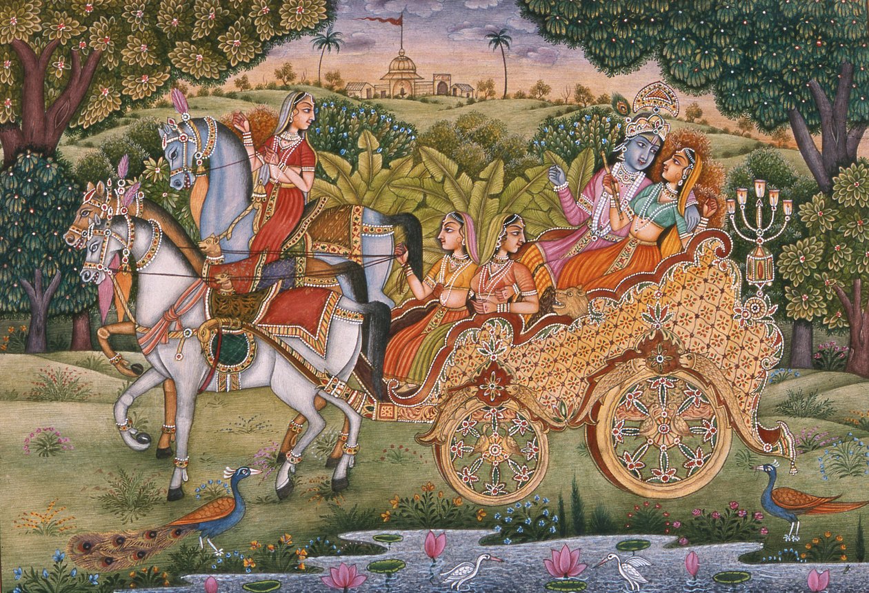 Radha og Krishna (gouache og akvarel på papir) af School Indian